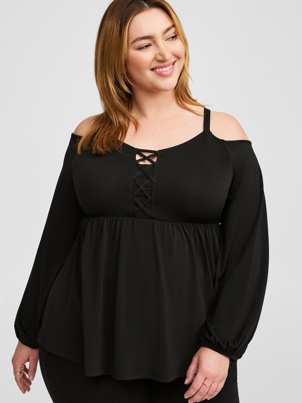 TORRID Black Plus Size Cold-Shoulder Lace-Up Babydoll Top